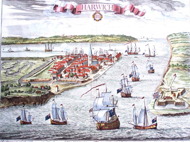 A fine 18th century Copper plate engraving entitled "A Prospect of Harwich" published by John Kip c. 1730.